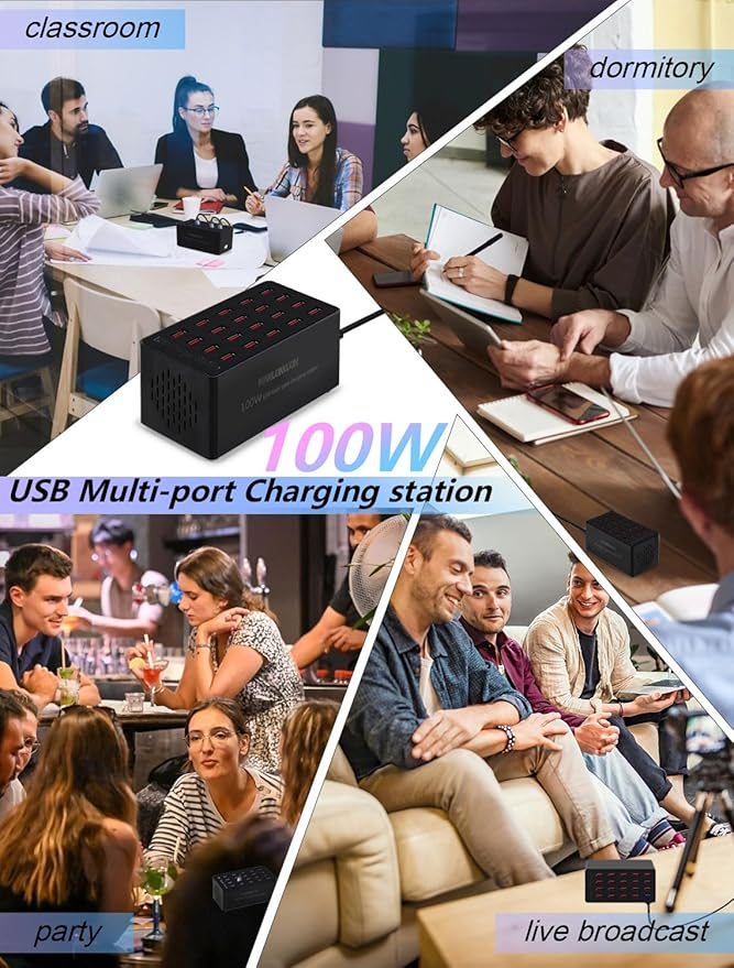 USB Charging Station,100W 20-Port Multi Smart Safety Fast Charger Station for Phone Tablet Watch Headphone PS, Compact Desktop Charger Home Office Travel