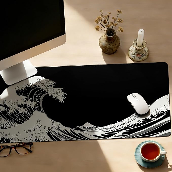 Dark Wave Mouse Pad,35.4 x 15.7 Inch Large Mouse Mat Non-Slip Rubber Stitched Edges for Writing Desk,Office,Home,Laptop