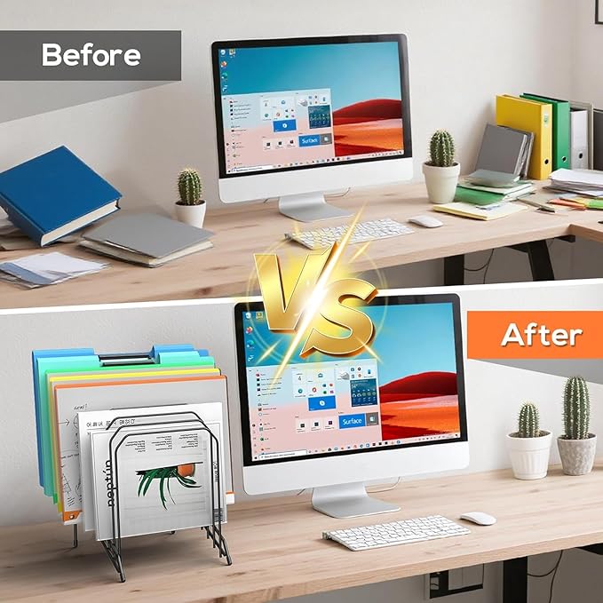 MINDEPOT Incline Sorter Desk File Organizer, Metal Desk Magazine Folder Holder with 8-Section Vertical Compartments Rack File Organizer for Office, Home, School