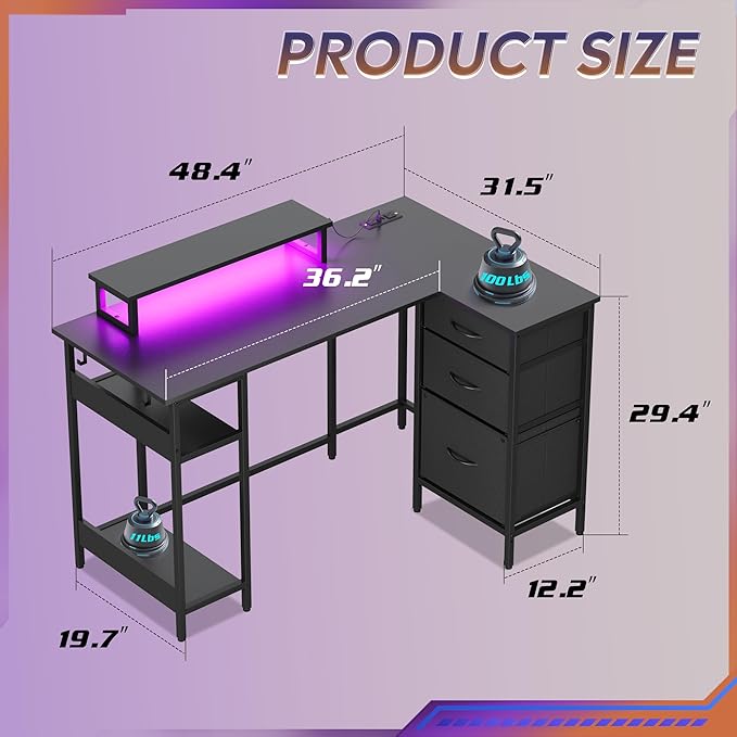 DEVAISE 48 Inch L Shaped Gaming Desk with Drawers and Storage, Corner Desk with LED Lights, Power Outlets, Computer Desk with Monitor Stand, Office Desk for Home, Black