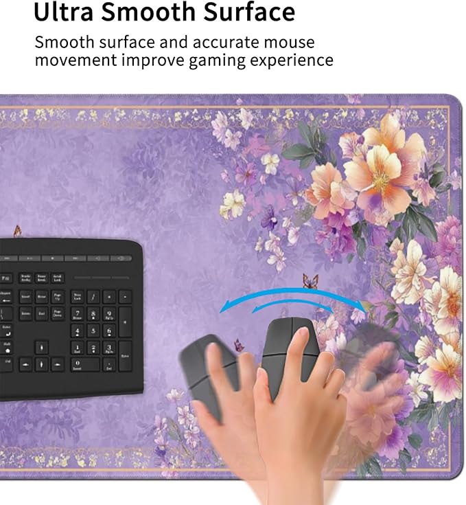 Extra Large Floral Mouse Pad‌ 48" x 24" - Beautiful Flower & Butterfly Design XXXL Desk Mat with Non-Slip Base, Violet Mousepad Comfortable Keyboard Mat for Gaming & Work