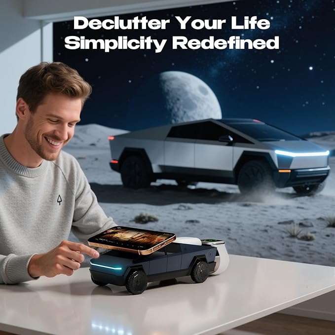 CyberDock 3-In-1 Wireless Charging Station, Cybertruck 1:25 Scale Charger with Qi2 Certified 15W Charging for iPhone iWatch AirPod, Magnetic Rotating Charger with Ambient Light, 30W Adapter, Deep Blue
