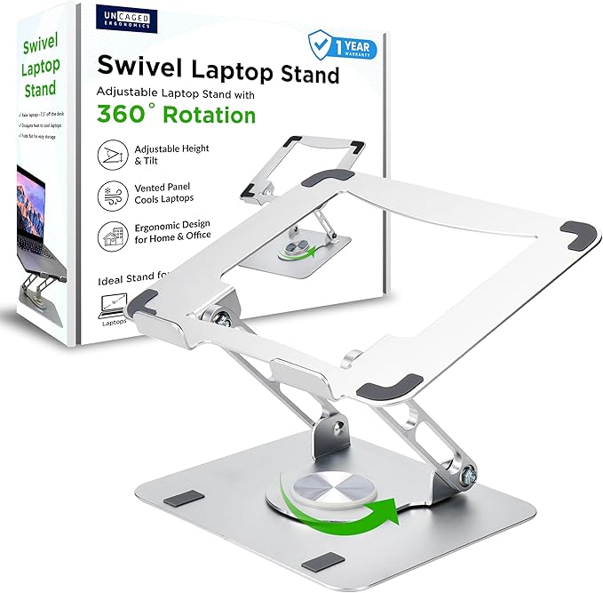 Uncaged Ergonomics Swivel Laptop Stand for Desk, Adjustable Computer iPad Stand for Desk w/ 360 Rotation, Portable Laptop Holder for Home Office Ergonomic Supplies (Silver)