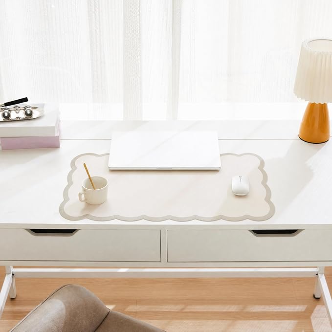 Scalloped Desk Mat, 23.6" x 11.8" Cute Small Beige Sand Aesthetic Desk Accessories, PU Leather Computer Laptop Desk Mouse Keyboard Pad, Desk Writing Mat for Vanity/Work/Home Decor