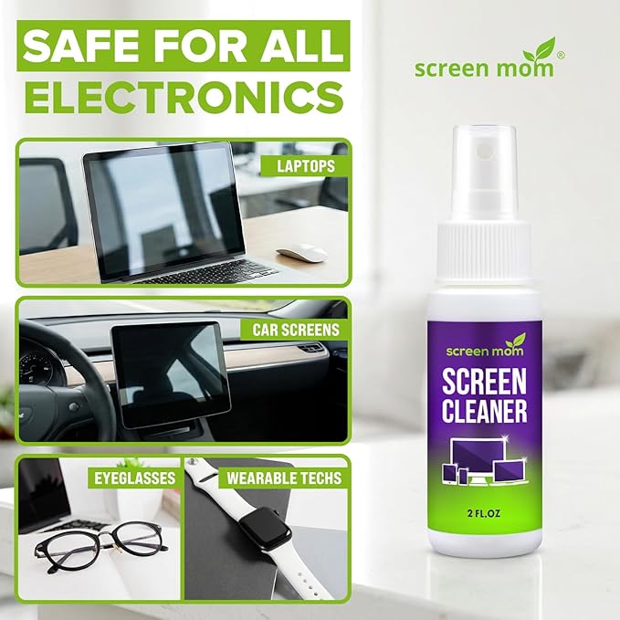 Screen Cleaner Spray and 2 Microfiber Cloths - 2oz Bottle by Screen Mom-Screen Cleaner Spray and Wipe for TV, Computer, Phone, iPad, Car Screen Cleaning Kit Electronic Cleaner Spray