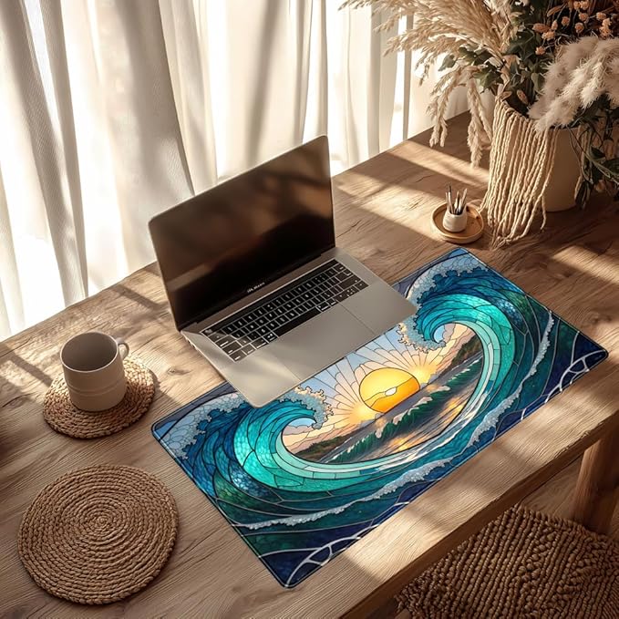 YKJWW Beach Sunset Desk Pad Cute Large Mouse Keyboard Desk Mat, Aesthetic Cute Gaming Desk Keyboard Mats for Desk Mat, Faux Stained Glass Sunset Mousepad Southwest Landscape Desk Pad 31.5x15.7 in