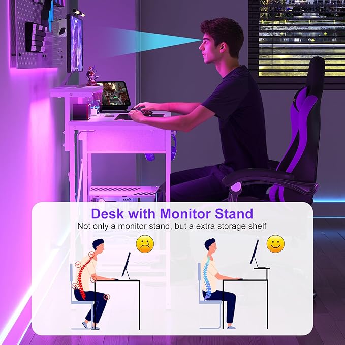 X-cosrack 33.5" Small Computer Desk with LED Lights & Outlets, Small Gaming Desk with Monitor Stand & CPU Stand, Teen Study Writing Table with Storage Drawer, Side Hooks for Bedroom, Home Office White
