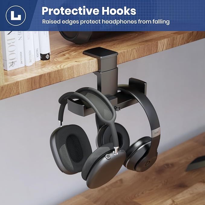 Dual Headphone Stand Holder - EURPMASK 2 in 1 PC Gaming Headset Hooks, 360 Degree Rotating Headphone Hanger with Adjustable Clamp & Cable Clip Organizer, Headset Mount Under Desk Earphone Clamp-Black