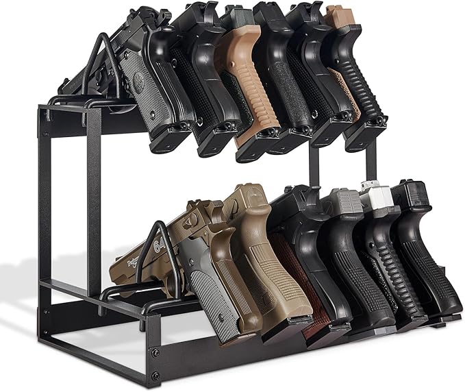 Poyilooo Pistol Rack, 2Tier Portable Pistol Rack for Gun, Hold Up 12 Handguns Pistol Stand for Gun Storage, Pistol Holder for Gun Heavy Duty Steel Gun Rack for Shot Exhibitior Retail Shop Home Office