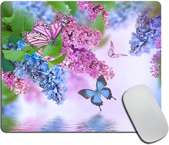Butterfly Mouse Pad, Spring Blue Purple Lilac Flower with Green Leaves Rectangular Mouse Pad, Non-Slip Rubber MousePads for Office Home Laptop, 9.5"x7.9"x0.12" Inch