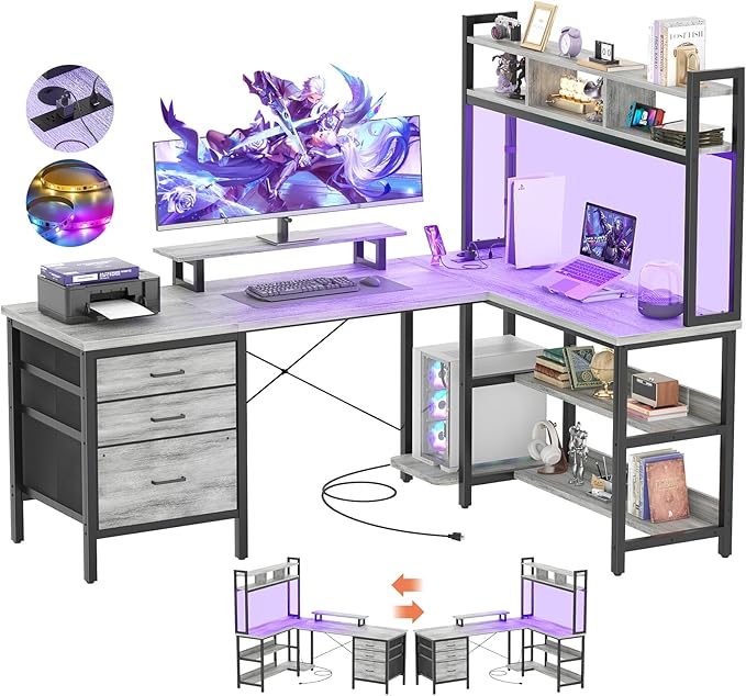 Aheaplus L Shaped Desk with Hutch, Gaming Desk with Led Lights, Reversible Computer Desk with Power Outlet, Corner Desk with File Drawer & Monitor Stand, Storage Shelves for Home Office, White Oak