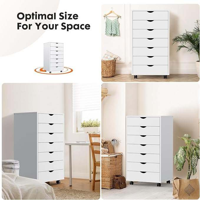 Sweetcrispy 7 Drawer Rolling Storage Cabinet, Wood Under Desk Mobile Dresser with Wheels, Small Organizer Chest for Home Office, Bedroom, Rolling Vertical Organizer for Home Office, White