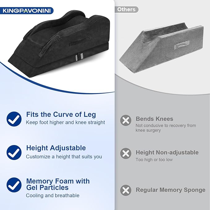KingPavonini Adjustable Leg Elevation Pillows for After Surgery, Ergonomic Curve Keeps Knee Straight, Memory Foam Leg Pillow Elevation for Blood Circulation, Swelling and Pain Relief (Black)