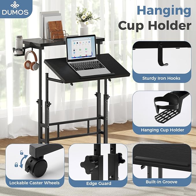 DUMOS Split Top Rolling Standing Desk, 23.6" Mobile Laptop Desk, Manual Height Adjustable Workstation on Wheels, Sit Stand Office Table, Walking Pad Study Desk, Black