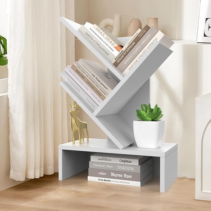 Godferyxin Small Bookshelf with Drawer – Compact Book Holder for Small Spaces, White Small Bookcase for Office, CDs, and Decorative Items, Fits Bedroom Desk Bookshelf Tree