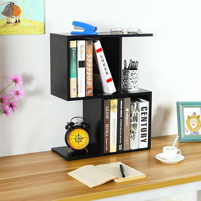 TQVAI 2-Tier Desktop Bookshelf, Freestanding Multipurpose Wood Desk Top Organizer for Books, Office Supplies, Plants, Photo Frames, Small Open Storage Shelves for Office Home Dorm, Black