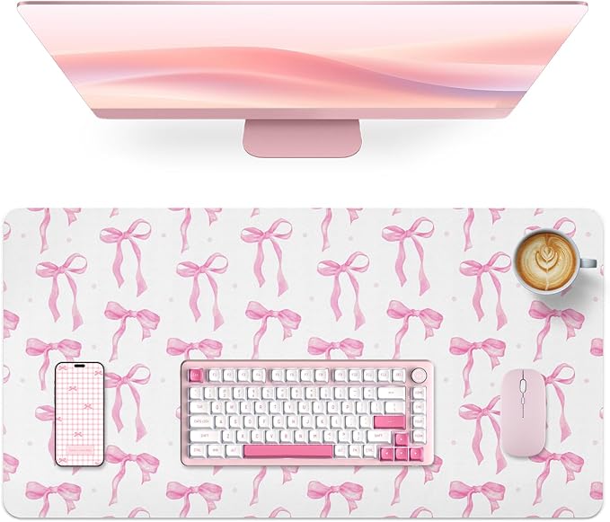 Desk Mat, Pink Bow Mouse Pad Large for Computer Laptop, PU Leather Non-Slip Waterproof Writing Pad Desk Blotter, Cute Girly Desktop Protector Pink Office Desk Accessaries for Women 31.5 x 15.7 Inch