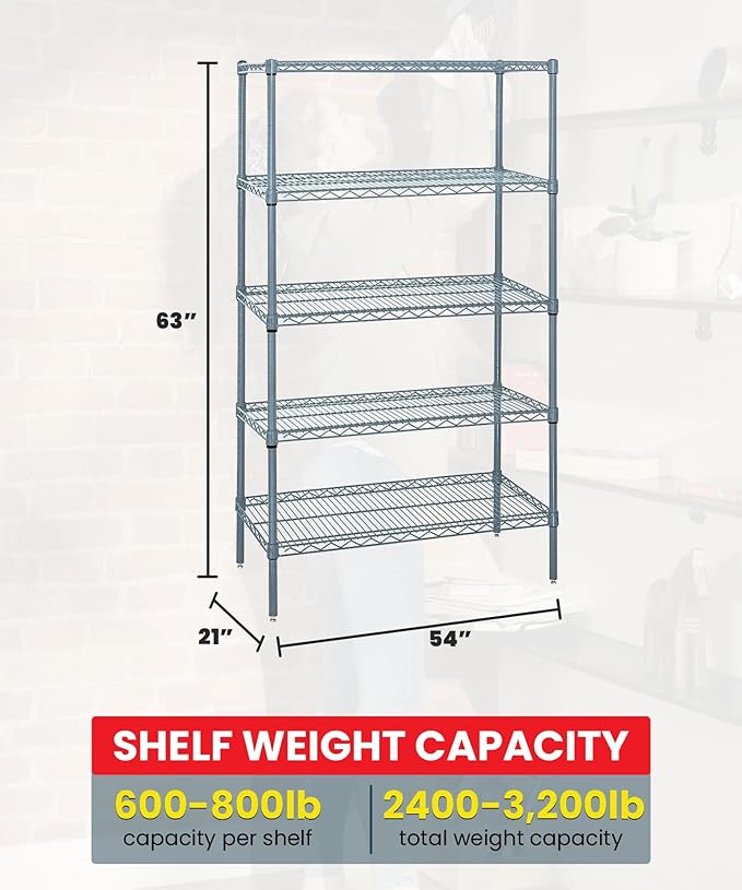 Quantum Storage Systems WR63-2154GY-5 Wire Shelving 5 Shelf Starter Units, 21" x 54" x 63", Gray Epoxy