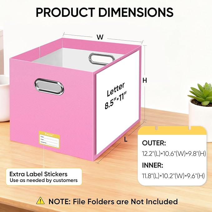 BALEINE File Organizer Box, Cardboard File Folder Organizer with Handle for Letter Size, Portable Collapsible Hanging Filing Box for Home Office Document Storage (1 Pack, Large Pink)