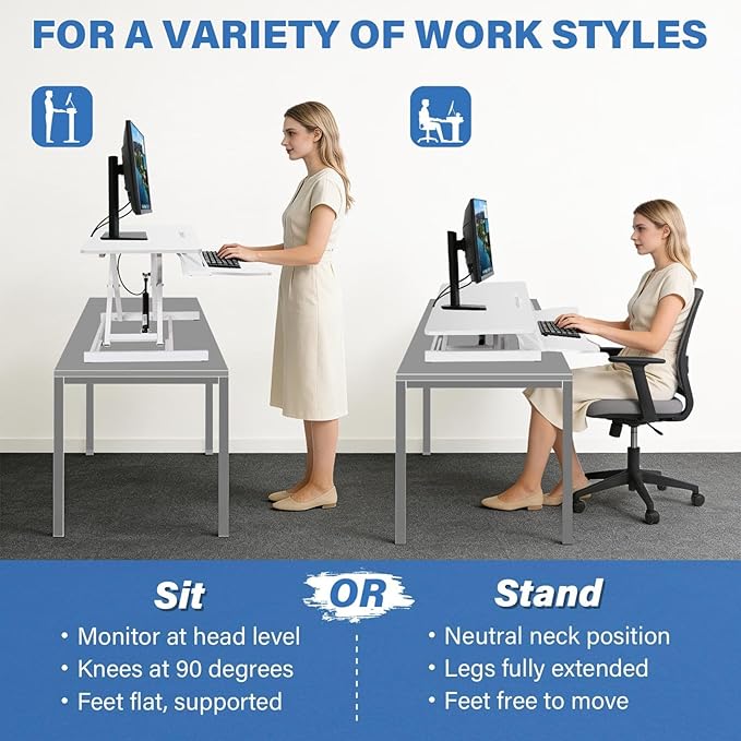 37" Height Adjustable Standing Desk Converter, Two Monitor Stable Stand up Desk Converter, 5.9"-18.8" Height Adjustable Laptop Workstation with Keyboard Tray, Desktop Riser for Home and Company