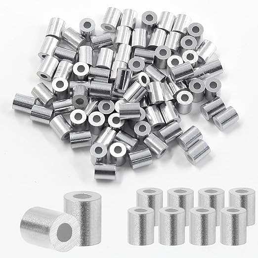 100Pcs Wire Rope Stop Sleeves, 1/16 Inch (1.5mm) Aluminum Crimping Loop Sleeve Round Cable Stop for Wire Rope