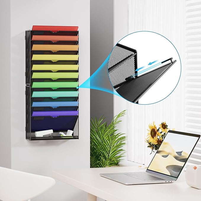 Marbrasse Wall File Holder 11-Tier Hanging Wall File Organizer, for Papers, Files Clipboard & Magazine Organizer, Wall Mount File Holder Great for Office Home (Black)