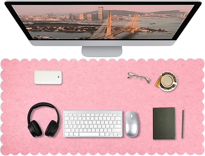 Copkim 35 x 16.5 Inch Felt Desk Mat with Scalloped Edges, Large Felt Mouse Pad Non Slip Scalloped Computer Laptop Desktop Pad for Keyboard and Mouse Home Office(Pink)