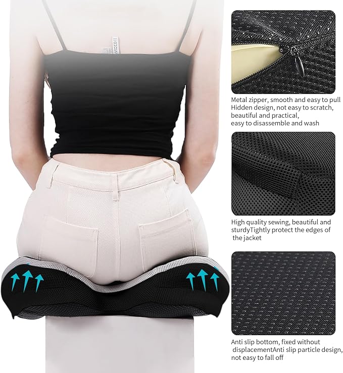 CLRUPR Seat Cushions for Office Chairs，Portable Memory Foam Seat Cushion for Coccyx Non Slip Bottom,Car Seat, Wheel Chair Cushion,Washable Cover (Black)