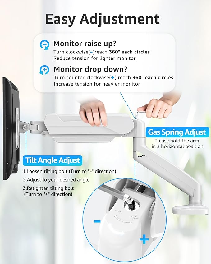 MOUNTUP Single Monitor Desk Mount Holds Screen up to 32 inch, Height Adjustable Monitor Arm, Full Motion Computer Monitors Stand with Clamp/Grommet Base, VESA Mounts Fit 4.4-17.6lbs Computer, White