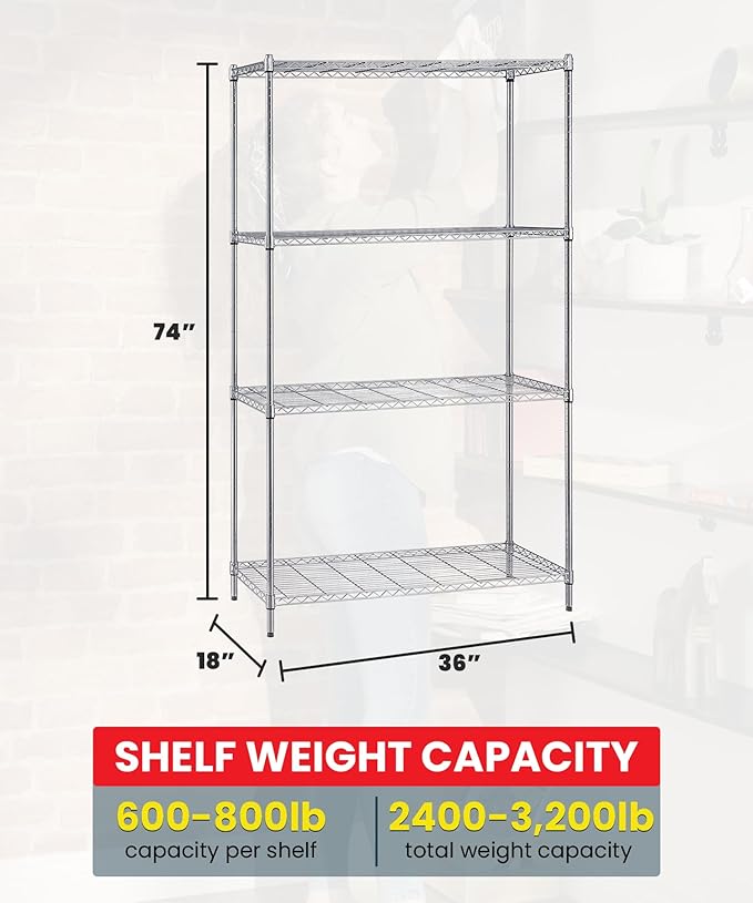 QUANTUM STORAGE SYSTEMS WR74-1836C Starter Kit for 74 inch High 4-Tier Wire Shelving Unit, Chrome Finish, 18 inch Width x 36 inch Length x 74 inch Height