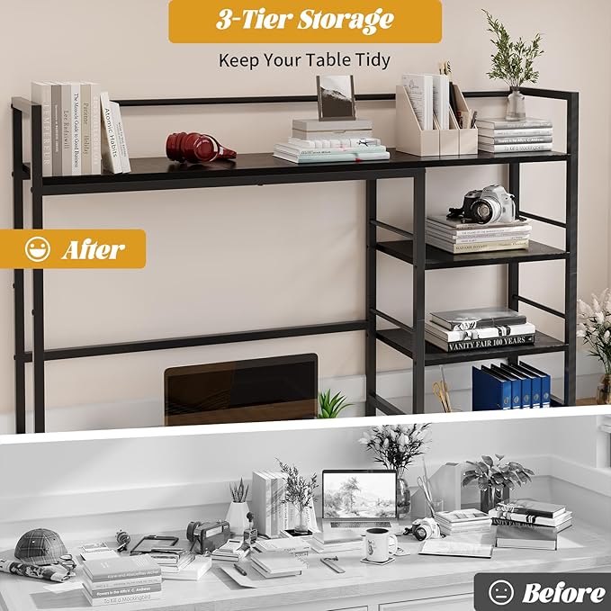 HavenlyYouth Desk Shelf, 45.4 Inch Wood Desk Organizer Shelf for Computer Monitor, Desk Hutch Storage, Desktop Shelf for Top of Desk, 3 Tier Desktop Bookshelf for Home Office Dorm, Black
