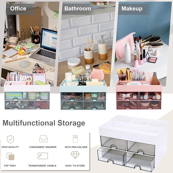 Meiikun Desk Organizer, Office Organizer with Drawer, Desk Accessories & Workspace Organizers, Pen Holder Office Supplies for Desk (4 Drawers+4 Compartments, White)