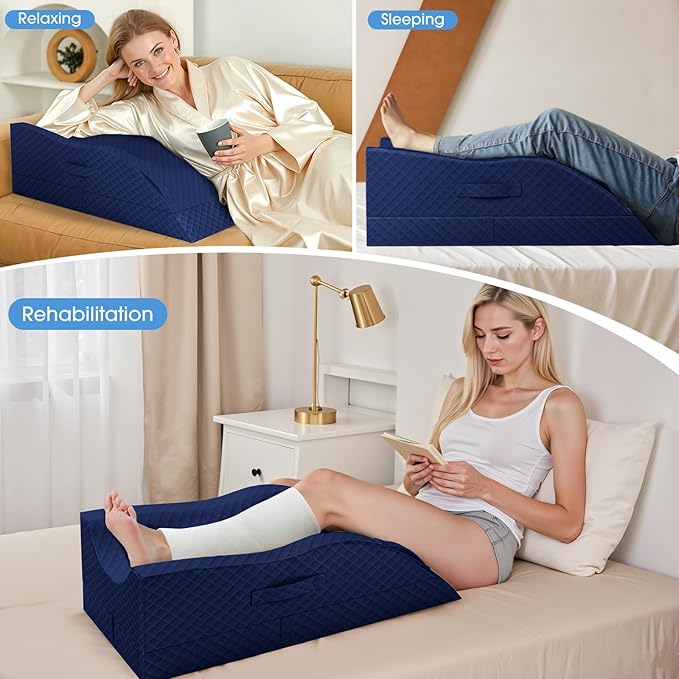 TranquilRelax Elevation Pillows for Leg After Surgery, Memory Foam Adjustable Wedge Pillow for Injury or Rest, Ankle Pillow for Sleeping Blood Circulation, Full-Blue/Single Leg