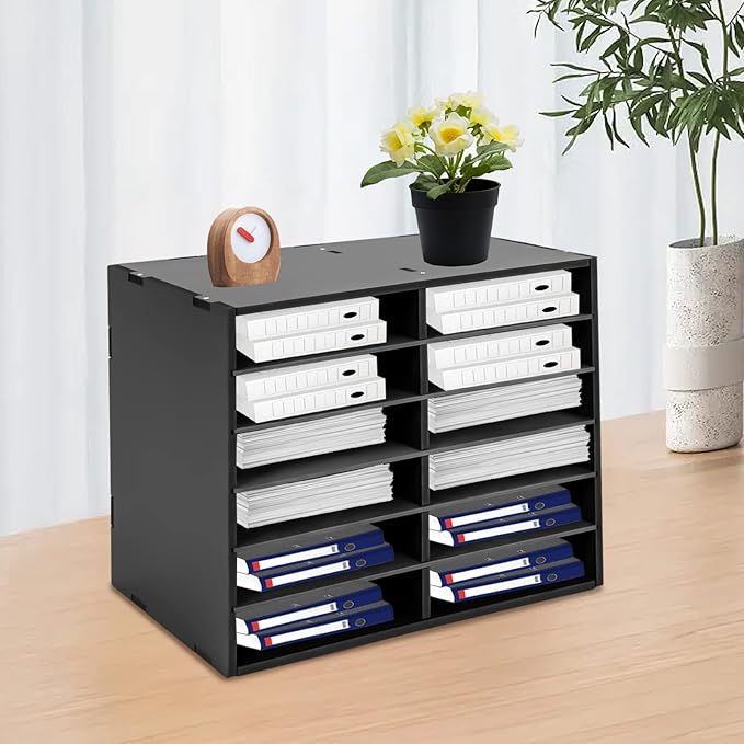 Literature Organizer Sorter for Desk, 12 Slots Adjustable File Sorter Mail Organizer, Paper Sorter Organizer, Open Design Paper Storage Mailbox for Office School Classroom, Black