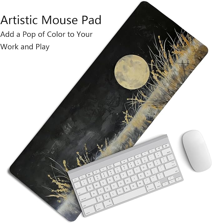 Vintage Gold and Black Full Moon Wilderness Mouse Pad,Aesthetic Dark Night Nature Scenery Desk Mat,Rustic Cottagecore Grassland Mousepad for Home Office Dorm Desktop Decor,31.5x11.8 Inch