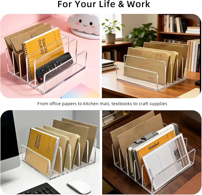 Clear Acrylic Desk Organizer – 5 Compartment Mail Holder & Letter Sorter for Office, Bills, Documents, Notebooks – Modern Vertical File Rack for Home