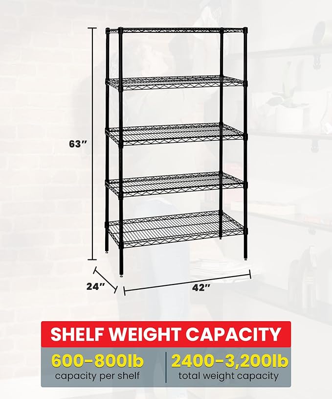 Quantum Storage Systems WR63-2442BK-5 Wire Shelving Starter Kit, 42" W x 24" D x 63" H, 600 lbs Capacity, Carbon Steel, Epoxy Coated, Black, NSF