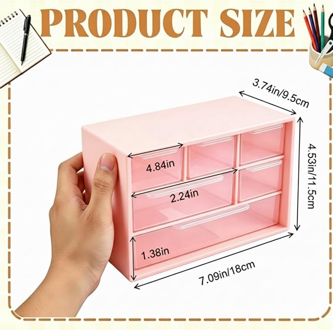 Briwooody 6 Pack Craft Drawer Organizer with 6 Clear Drawers 7.09" X3.94" X4.72" Stackable Suspension, Small Storage Drawers for Office, Classrooms, and Home Desk Organization, Pink