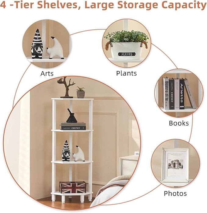 YUFAM 4-Tier Corner Shelf with Sturdy 5-Leg Base, Wooden Corner Bookshelf for Small Spaces, Corner Standing Shelf for Living Room, Bedroom, Office, White