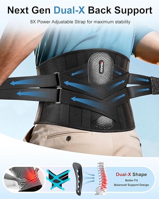 Dual X-Back Brace for Lower Back Pain Relief with Bionic Support System, 8X Powerful Lumbar Support Belt for Men Women, Back Support Belt with 3D Pad, Breathable Back Support Brace with Adjustable Strap for Herniated Disc, Sciatica, Heavy Lifting, Work