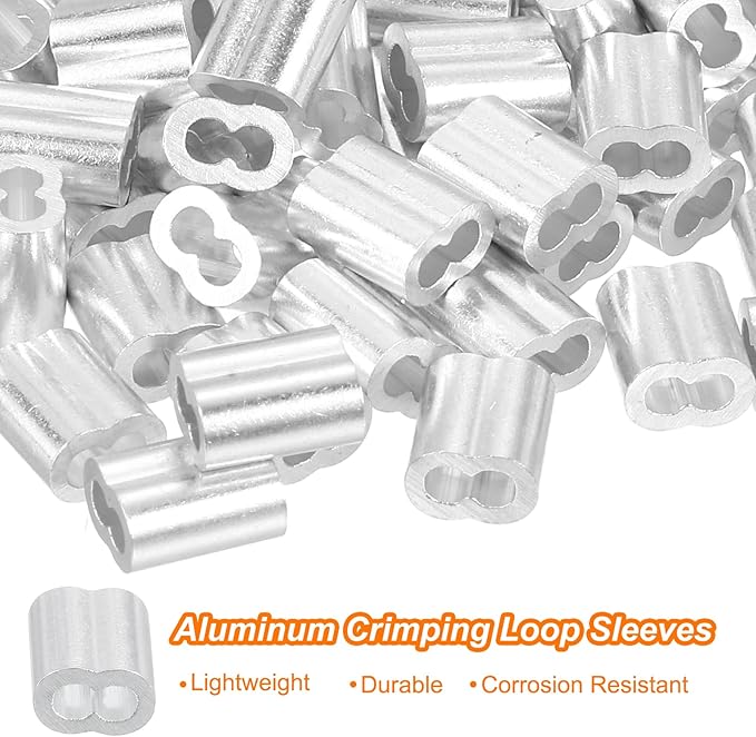 uxcell 100Pcs Aluminum Crimping Loop Sleeve for 5/64" Diameter Wire Rope, Double Ferrule Aluminum Wire Rope Sleeve for Cable Line End