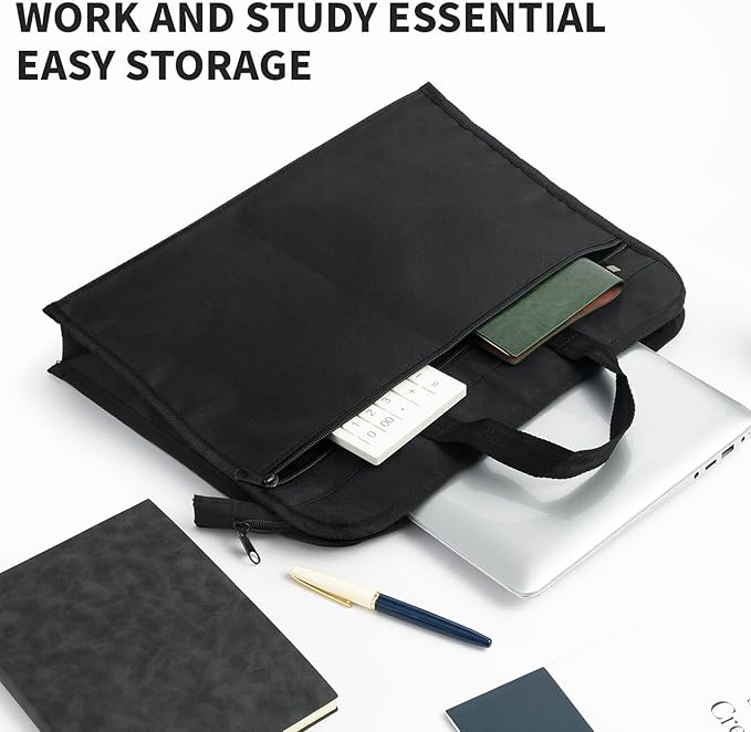 M&G 12x15 in Large Zipper Pouch with Handle, A4 Foldable Heavy-Duty Waterproof Oxford Zipper Document Bag, File Organizer for Office Travel Books Papers Filing Folder, Double Layer 1 Pack (Black)