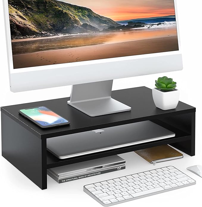 FITUEYES Monitor Stand - 2 Tier Computer Monitor Riser Shelf, Wood Desktop Stand for Laptop Computer Screen, Desk Organization, Office Supplies