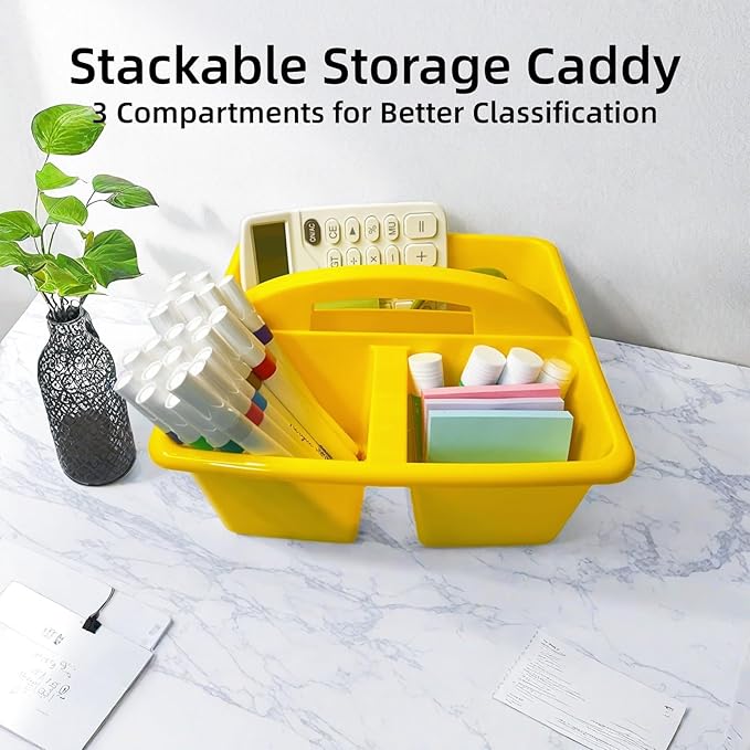 6 Pack Classroom Caddy, Art Caddy with 3 Compartment, Portable Storage Bin for Classroom, Office, and Home, Multiuse Table Organizer with Handle, Durable & Drop-Proof, Rainbow Colors