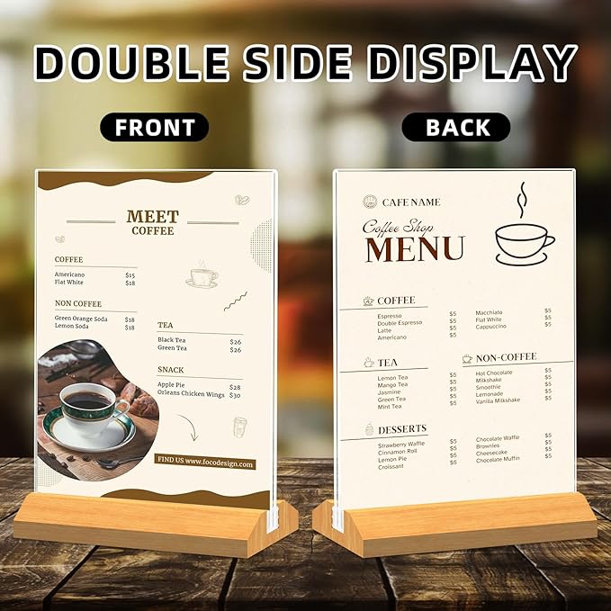 6 Pack Acrylic Sign Holder 8.5 x 11 Inch with Wood Base,Clear T-Shape Menu Display Stand for Restaurant Retail Counter