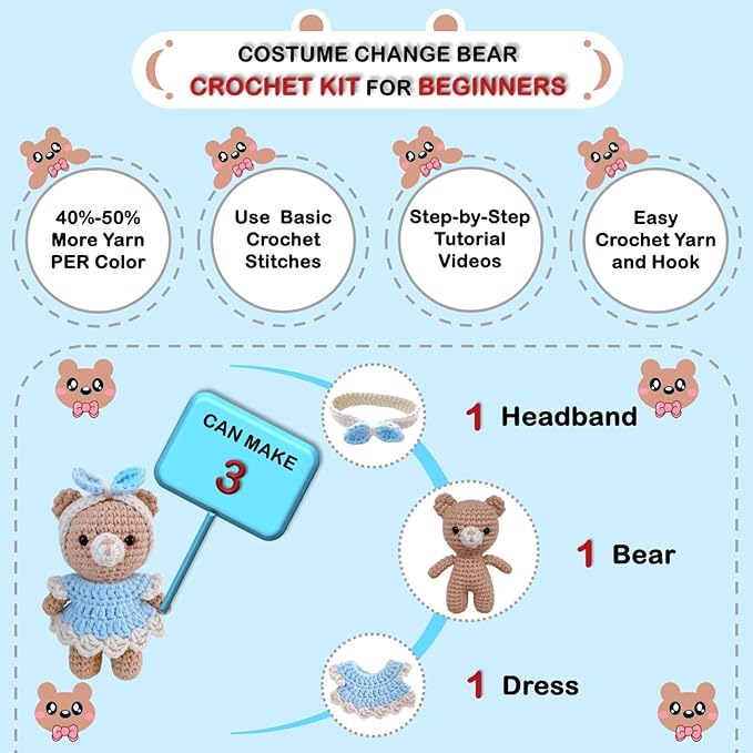 LoopMap Amigurumi Crochet Kit for Beginners with Removable Dress & Video Tutorials, DIY Bear Making Kit Includes Premium Yarn & Tools, Creative Gift for Adults Teens (Blue)