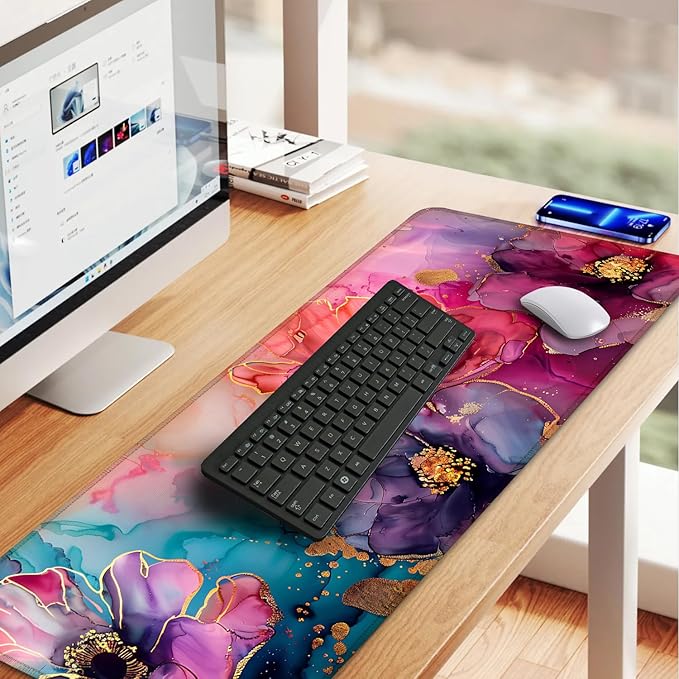Floral Mouse Pad XXL – Large Desk Mat with Abstract Alcohol Ink Flowers in Pink, Purple & Teal, Extended Mousepad with Non-Slip Base for Office, Workstation, Gifts,31.5 x 11.8 in
