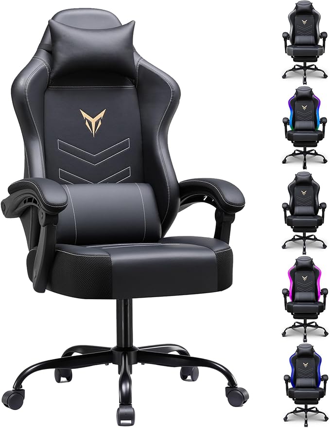 GTPLAYER Gaming Chair, Office Chair High Back Computer Chair for Adults, Leather Desk Chair Executive Ergonomic Height Adjustable with Headrest and Lumbar Support, 300lbs Black