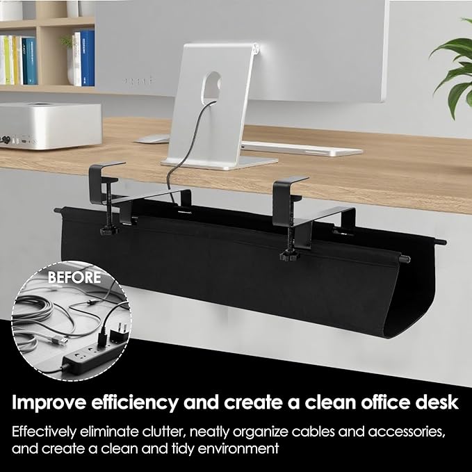 No Drill Under Desk Cable Management Tray, Under Table Wire Organizer with 2 Hook Versatile Clamp Mount Cable Basket to Hide Cords, Cord Holder Tray, Cord Tidy Basket for Home Office Study Use
