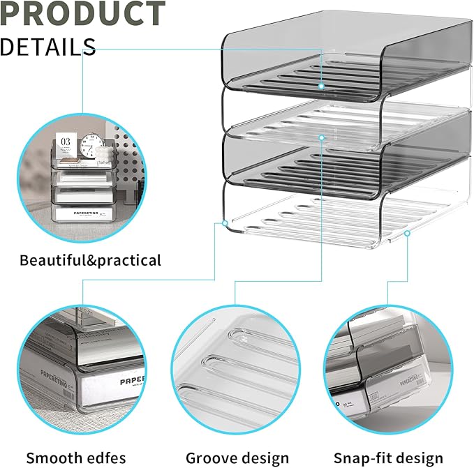 FANXIYQ 4-Tier Acrylic Paper Tray Organizer | Clear Stackable Desk Organizer for Documents, Letters, A4 Paper | Modern Office/Classroom/Home Organization,Clear&Brown